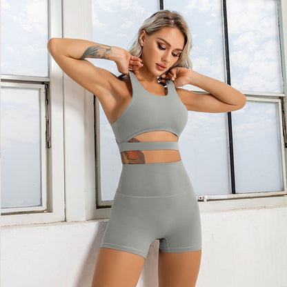  Fabric Hollow Out Beauty Back Exercise Bra Shorts Fitness Suit Nude Feel Yoga Two-Piece Set